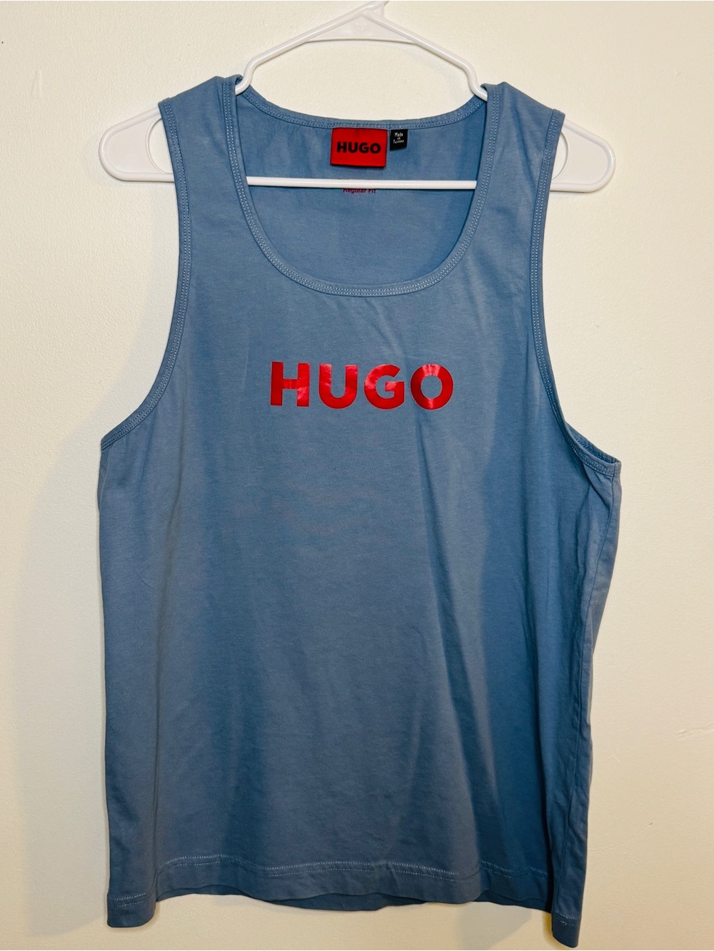 HUGO Men’s Light Blue Tank with Red Logo size medium